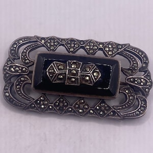 Vintage Black Onyx Pin Marcasite 925 Sterling Silver Brooch