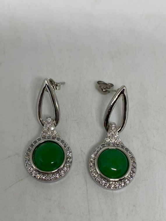 Vintage Fun Green Jade Gemstone Rhodium Bronze Ea… - image 3