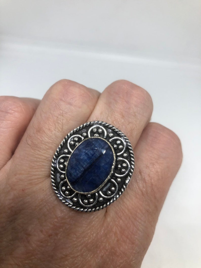 Vintage Handmade deep blue sapphire setting white bronze Silver gothic Ring