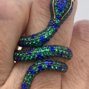 Vintage Snake Ring  Sterling Silver Blue Green Crystal