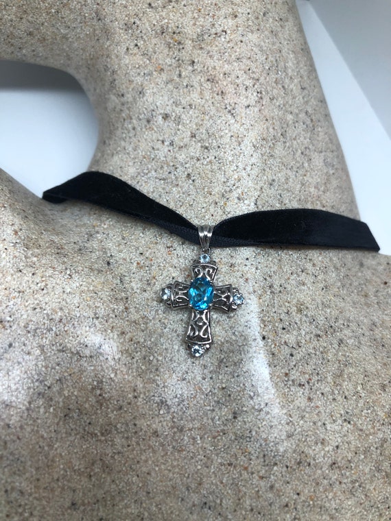 Pendentif Croix Celtique Vintage En Argent 925 Avec Topaze Bleue Véritable - Bijou Fin