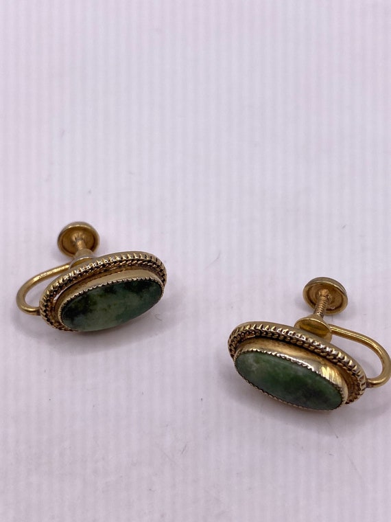 Vintage Genuine Green Jade Gold filled Screw Back… - image 6