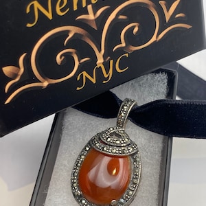 Vintage Necklace 925 Sterling Silver Marcasite Carnelian Choker