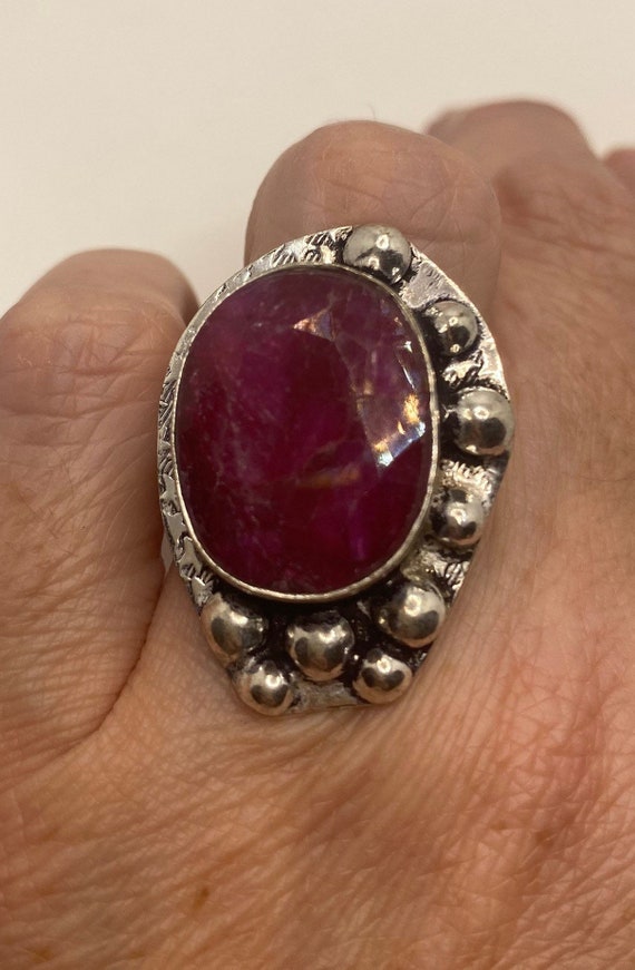 Vintage Handmade Raw Pink Ruby Silver Gothic Ring - image 2