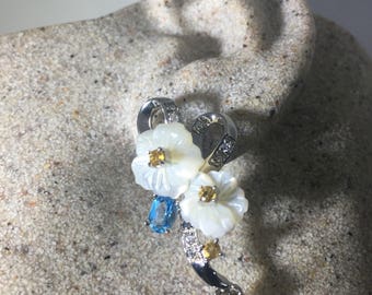Vintage Genuine Gemstone  Mother of Pearl Flower 925 Sterling Silver Dangle Earrings