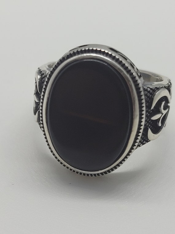 Vintage Black Onyx Mens Ring in 925 Sterling Silv… - image 1