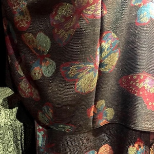 Écharpe vintage en brocart papillon, brocart pashmina et or noir Nemesis
