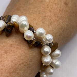 Vintage Pearl and Chip Tigers Eye Stretch Bracelet