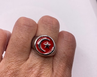 Vintage Silver Stainless Steel Muslim Star Cresant Mens Ring