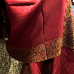 Vintage Burgundy Red Reversible Paisley Brocade Pashmina Scarf Wrap