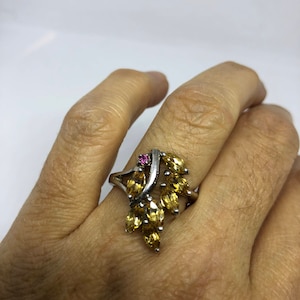 Vintage Gothic Golden Citrine and Red Garnet 925 Sterling Silver Ring