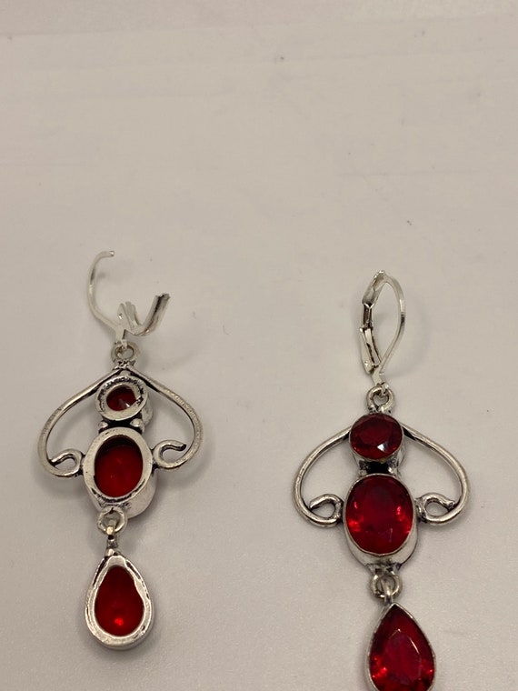 Antique Vintage Red Ruby Glass Silver Dangle Earr… - image 4