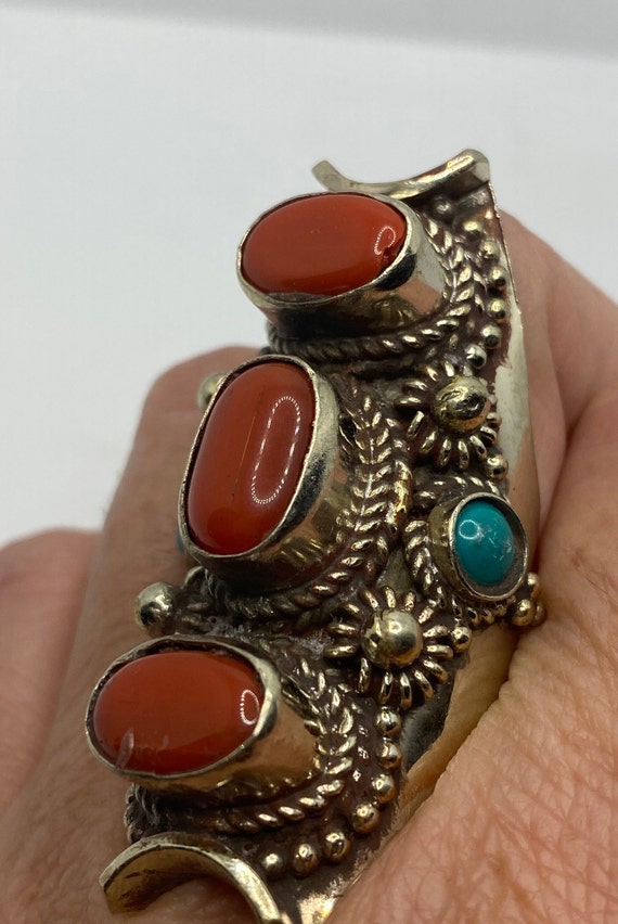 Vintage Red  Turquoise Tribal Brass Antique Ring - image 2