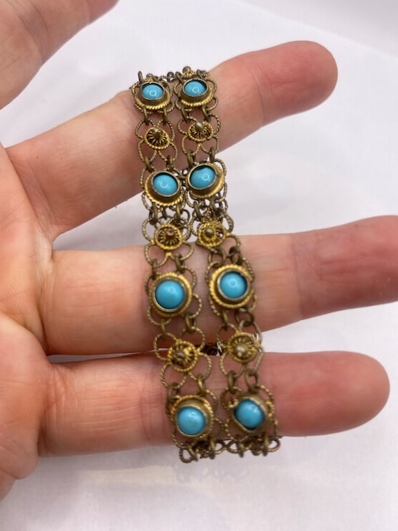Vintage Turquoise Bracelet Gold Filigree 925 Ster… - image 5