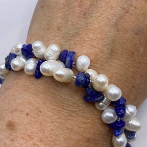 Vintage Pearl and Chip Lapis Stretch Bracelet