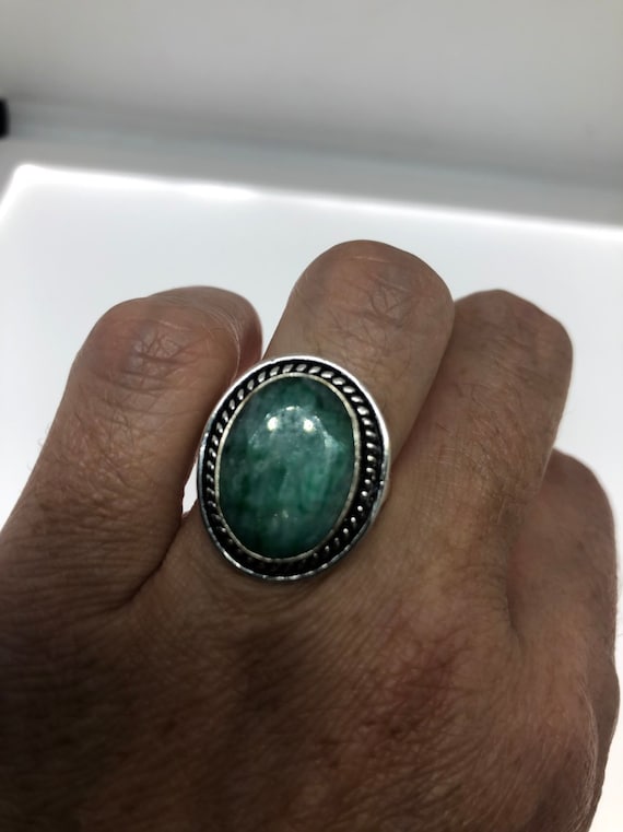 Antique Green Emerald white bronze silver ring