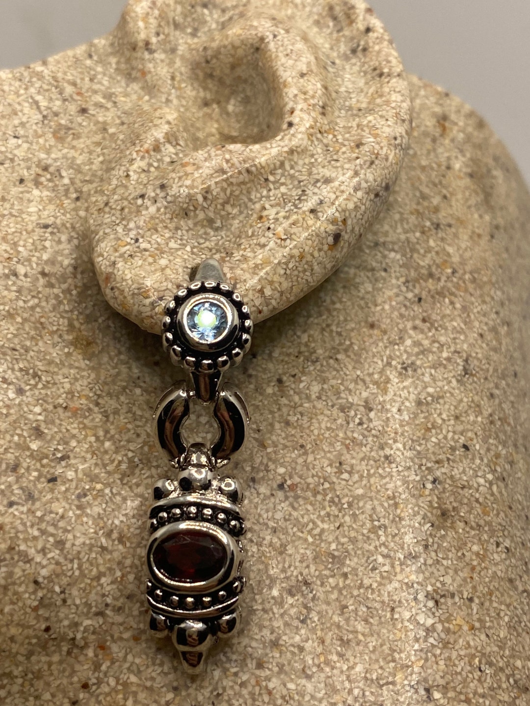 Boucles D'Oreilles Anciennes Argent 925 Et Grenat - Années 70/80, Dormeuses, Occasion Très Bon état