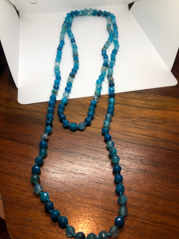 60 Inch Hand Knoted Vintage Blue Dyed Onyx beaded… - image 1
