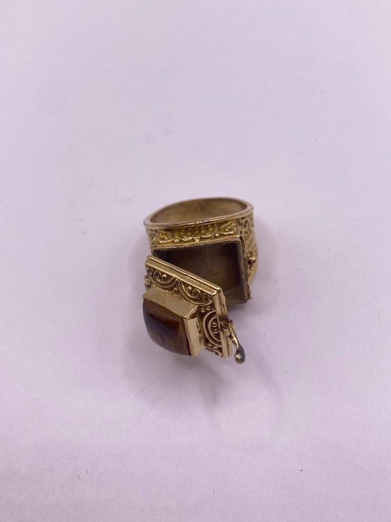 Vintage Gold Tigers Eye Brass Poison Pillbox Ring - image 4