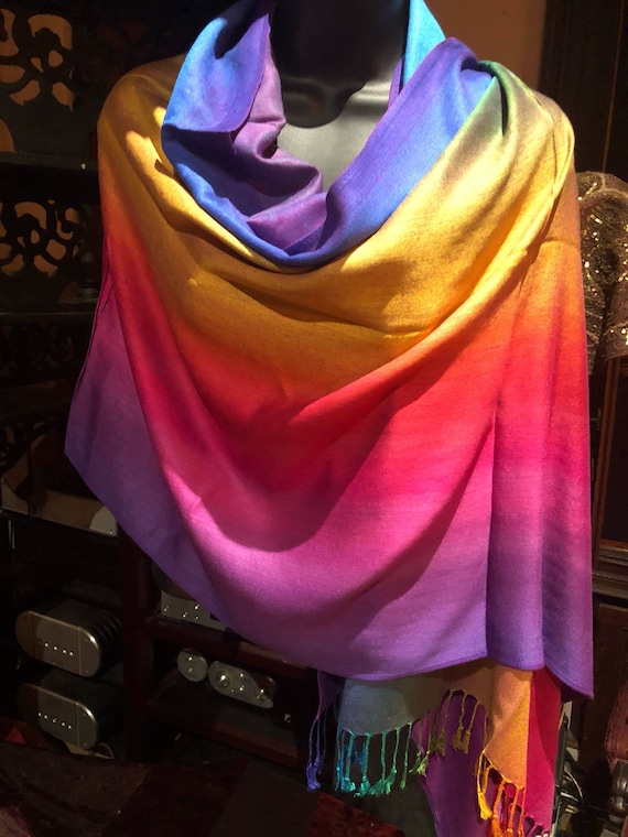 Vintage Rainbow Pride Brocade Pashmina Scarf Wrap Shawl