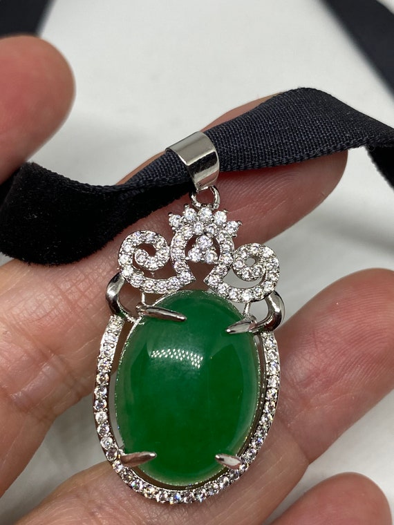 Vintage Green Jade Choker  Silver Finish Necklace… - image 6