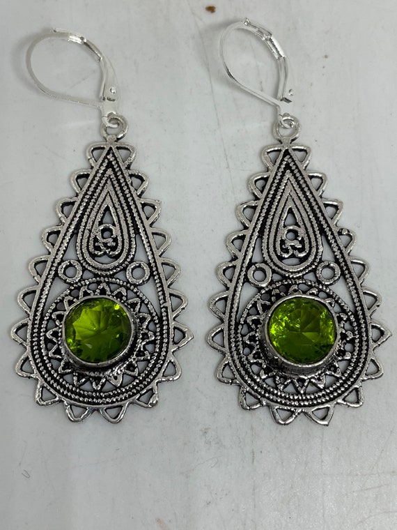 Antique Vintage Green Peridot Silver Dangle Earri… - image 6