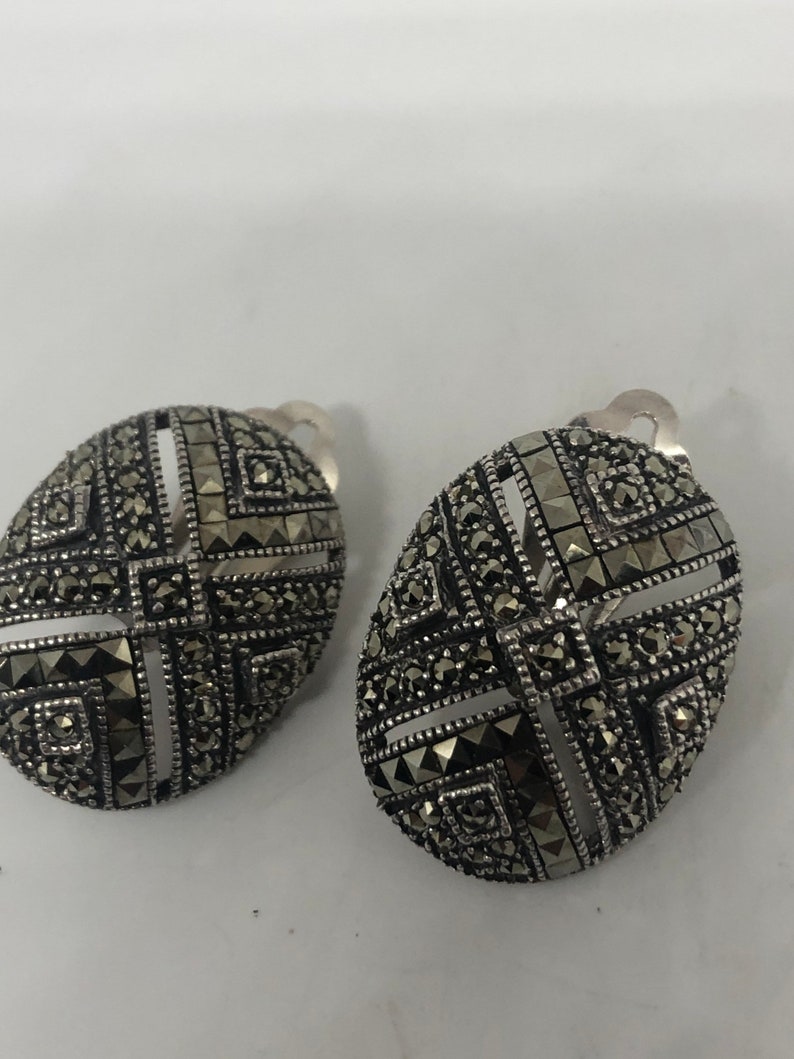 Antique vintage Marcasite 925 sterling silver clip on button earrings