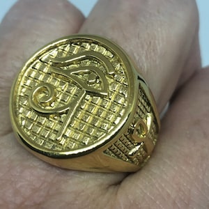 Vintage Golden Stainless Steel Egyptian Ankh Horus Eye Mens Ring