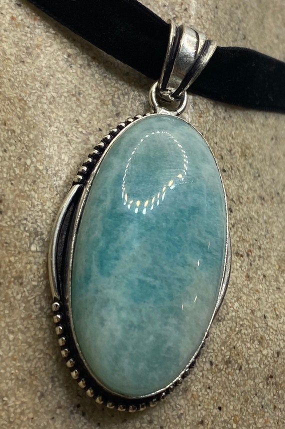 Vintage Blue Larimar Pendant Black Velvet Ribbon C