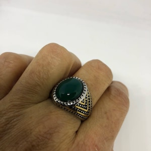 Vintage Gothic Gold Silver Stainless Steel Genuine Green Onyx Mens Ring