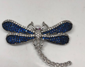 Vintage Blue Crystal Gothic Styled Silver Finished Dragonfly Necklace Broach