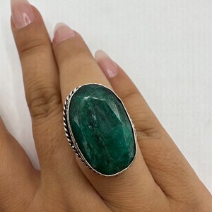 Vintage Green Raw Emerald Silver Bronze Statement Boho Ring