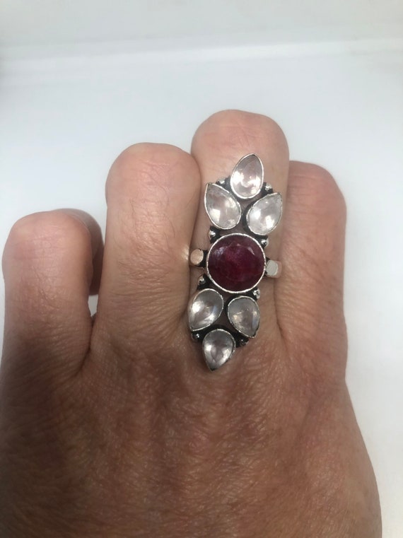 Vintage Genuine Rose Quartz Ruby Ring Silver Stat… - image 1