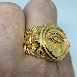 Vintage Golden Stainless Steel Egyptian Ankh Horus Eye Mens Ring Size 13
