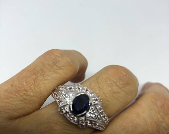 Vintage Handmade Deep Blue Sapphire and White 925 Sterling Silver Gothic Ring
