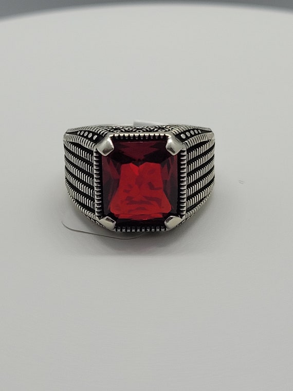 Vintage Ruby Glass Mens Ring in 925 Sterling Silve