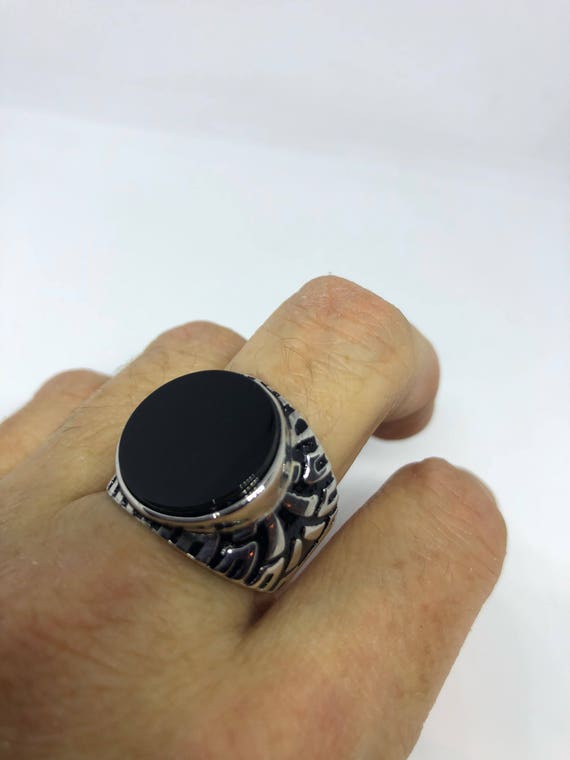 Vintage Onyx Mens Ring 925 Sterling Silver Gothic… - image 5