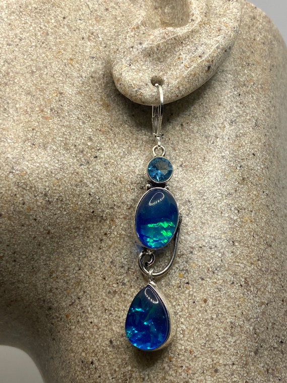 Vintage Blue Butterfly Wing Glass Earrings 925 St… - image 5