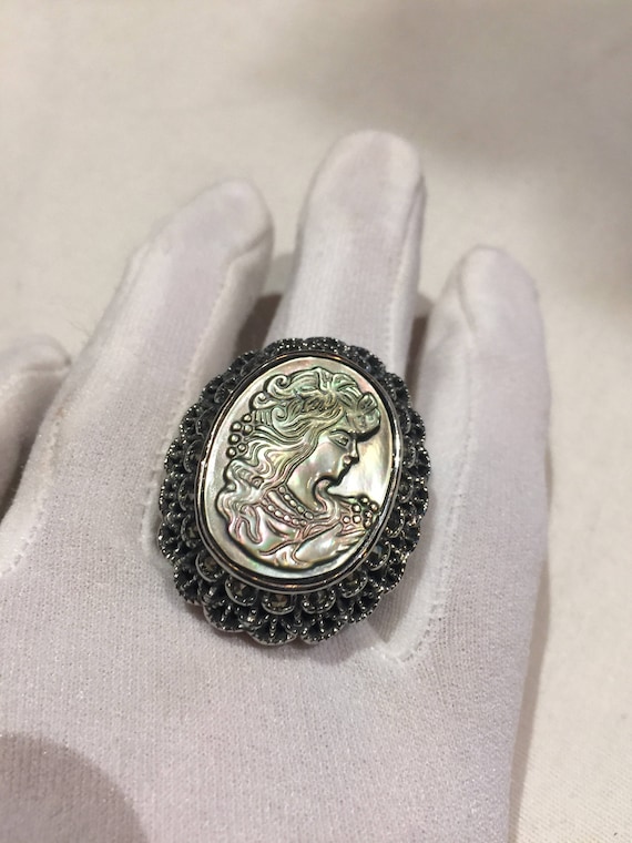 Antique White mother of pearl cameo marcasite fill