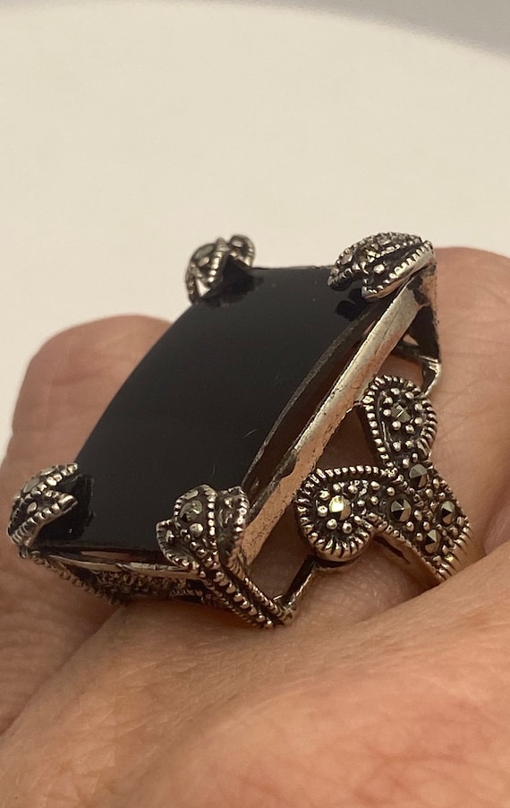 Vintage Genuine Black Onyx Silver marcasite Ring