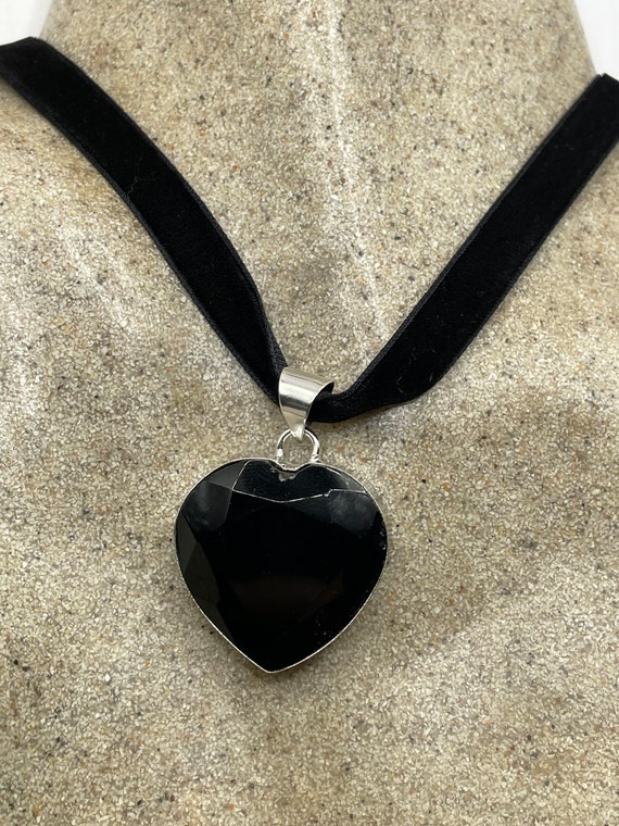 Vintage Heart Antique Black Jet Glass Choker Neck… - image 1