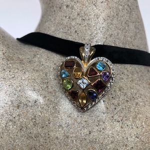 Vintage Handmade Golden 925 Sterling Silver Genuine Gemstone Antique Heart Pendant Necklace