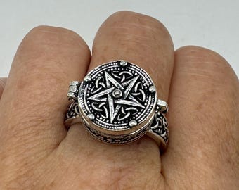 Vintage Wicca pentagramster witte bronzen gifpillendoosring