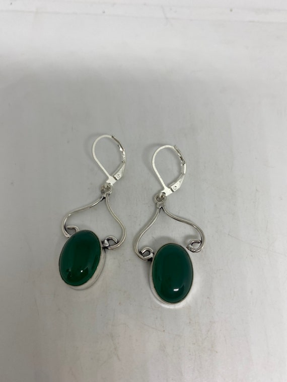 Antique Vintage Green Chrysoprase Silver Dangle E… - image 4