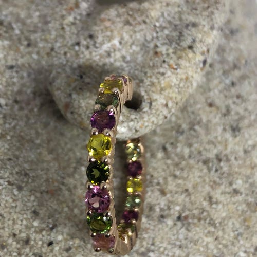 Vintage Genuine Miixed color Tourmaline 925 Sterling Silver Rose outlet Gold Finish Chandler Dangle Hoop Earrings