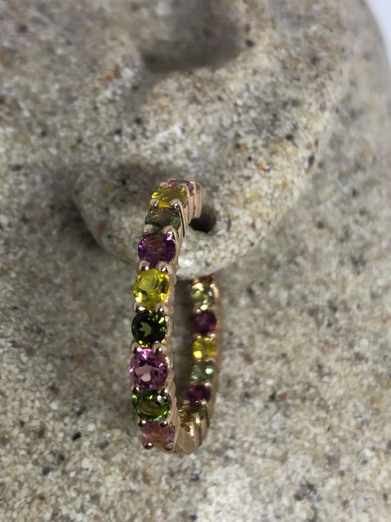 Vintage Genuine Miixed color Tourmaline 925 Sterling Silver Rose outlet Gold Finish Chandler Dangle Hoop Earrings