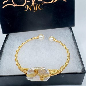 Vintage Pearl Cuff Bangle Bracelet Gold 925 Sterling Silver Hand Made
