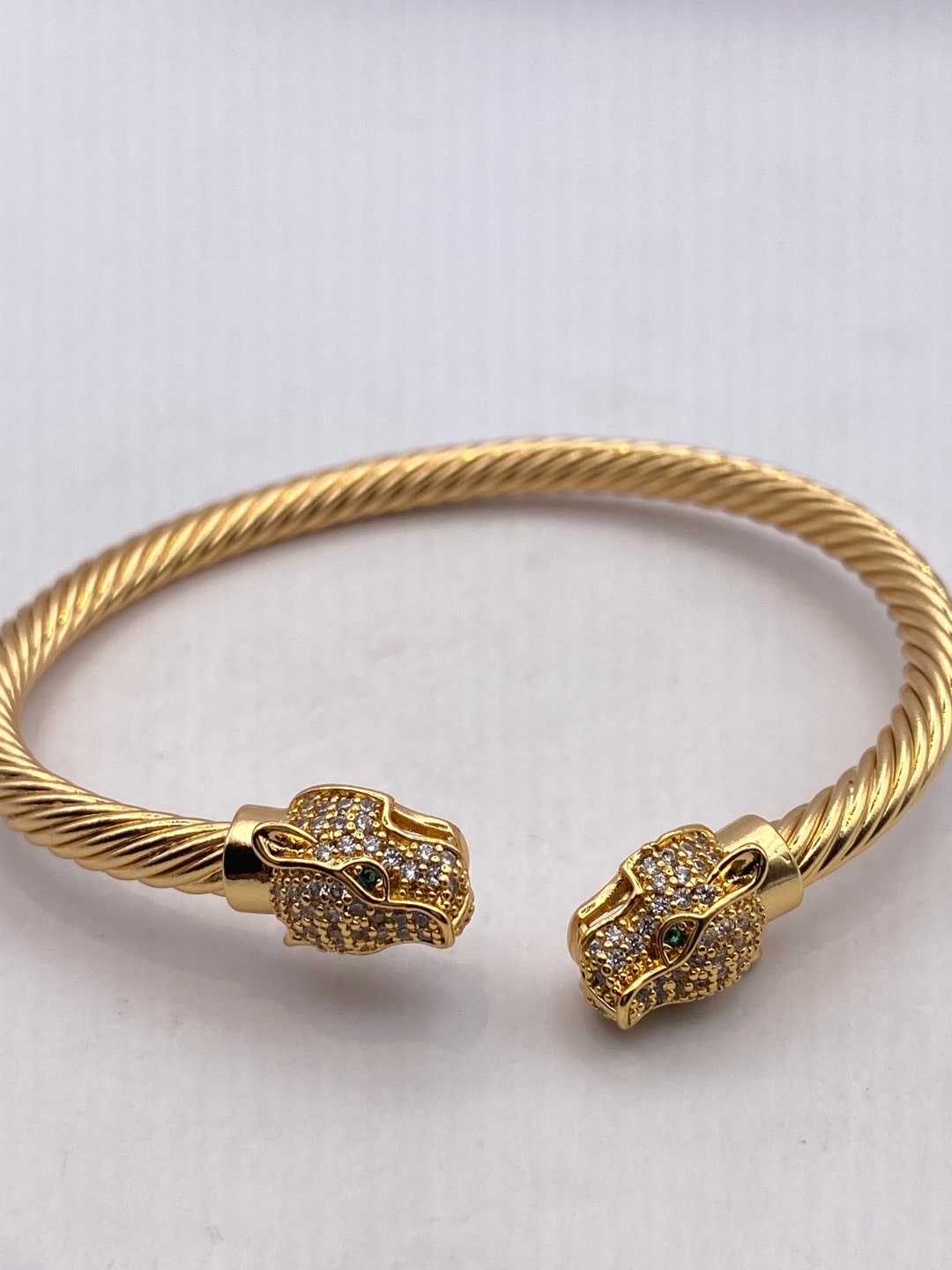 Vintage Cougar Cat Bangle Bracelet Gold Filled Green Crystal