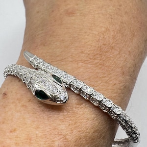 Vintage Snake Bangle Bracelet White Gold finished Bronze Green Crystal Eyes