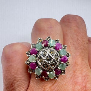 Vintage Emerald, Ruby, Marcasite 925 Sterling Silver Cocktail Ring